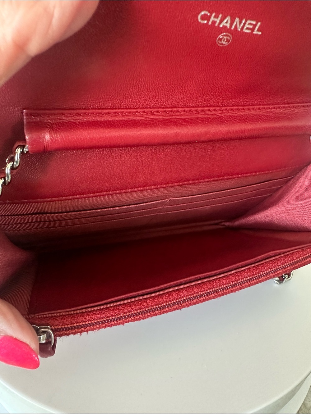 Chanel Classic WOC Wallet On Chain Red Lambskin Silver HW Pristine - Entrupy COA - Picture 12 of 16
